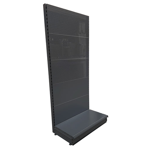  K50 shop shelving wall bay - dark grey - with mix of plain and peg / perforated back panels.