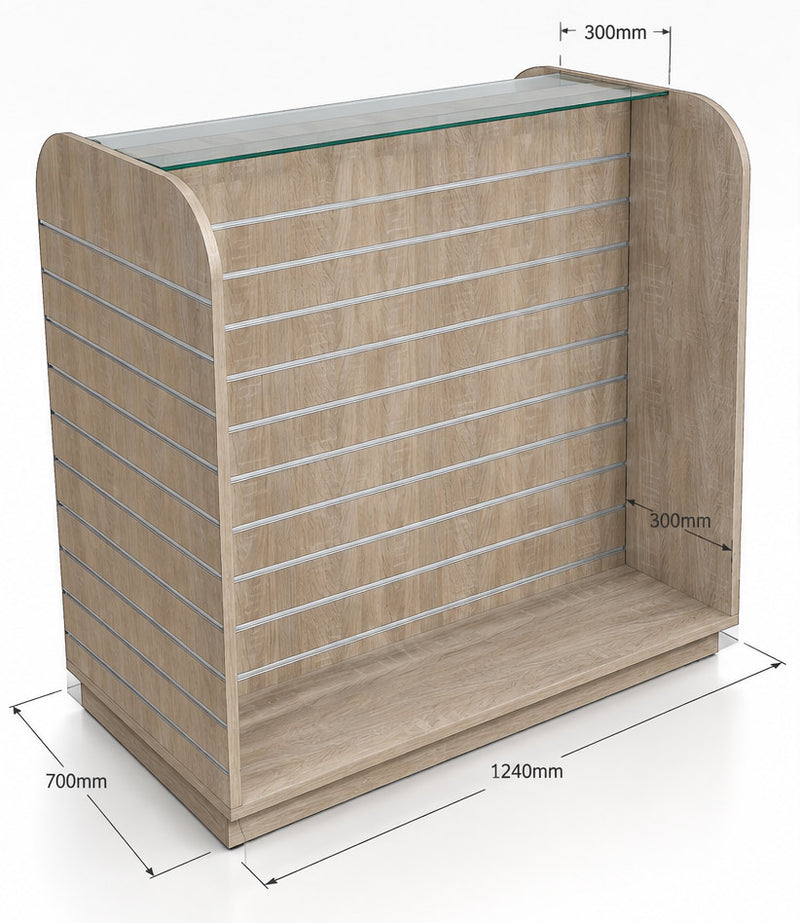 Rustic oak slatwall display stand with a glass top shelf and dimension labels showing 1240mm width, 700mm depth, 300mm top overhang, and 300mm side overhang on a white background.