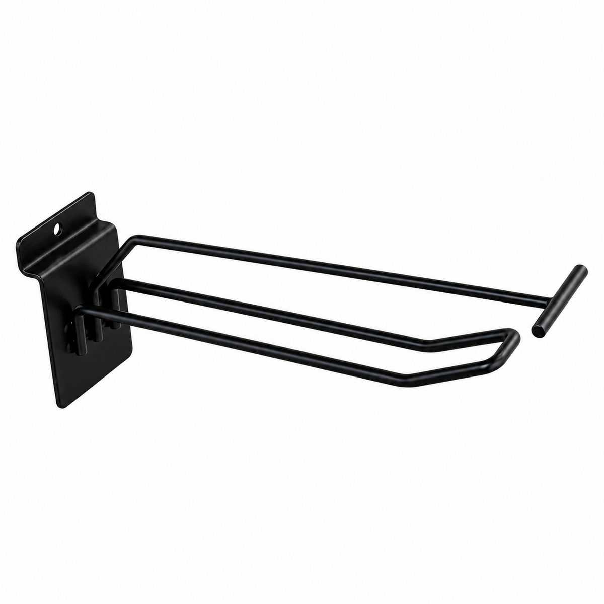 Black slatwall euro hook with overarm for price labels, 20cm long