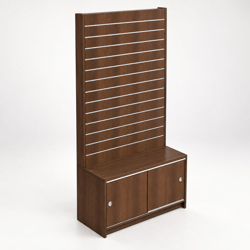 A modern brown wood-grain storage cabinet with a tall slatted back panel and two lower cabinet doors, shown on a clean white studio background.