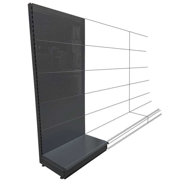  Add-on K50 shop shelving wall bay - dark grey - with mix of plain and peg / perforated back panels.