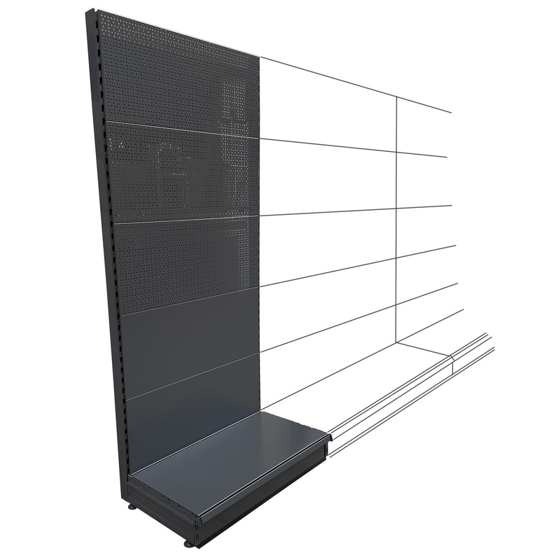  Add-on K50 shop shelving wall bay - dark grey - with mix of plain and peg / perforated back panels.