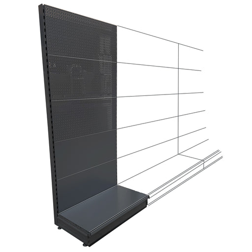  Add-on K50 shop shelving wall bay - dark grey - with mix of plain and peg / perforated back panels.