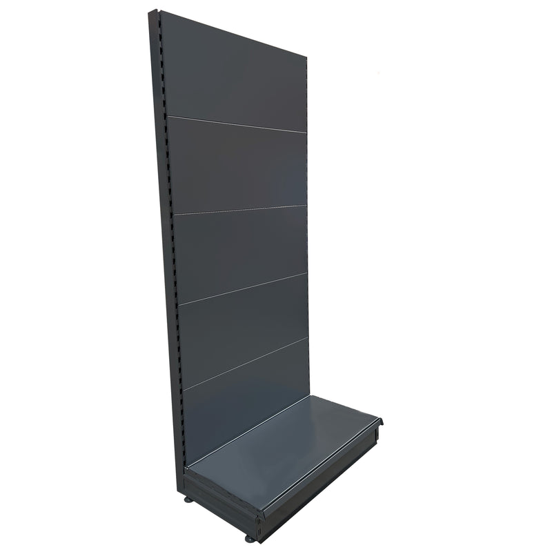 Dark grey K50 shop shelving wall bay - plain back panels and 30cm deep base shelf 