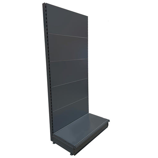 Dark grey K50 shop shelving wall bay - plain back panels and 30cm deep base shelf 