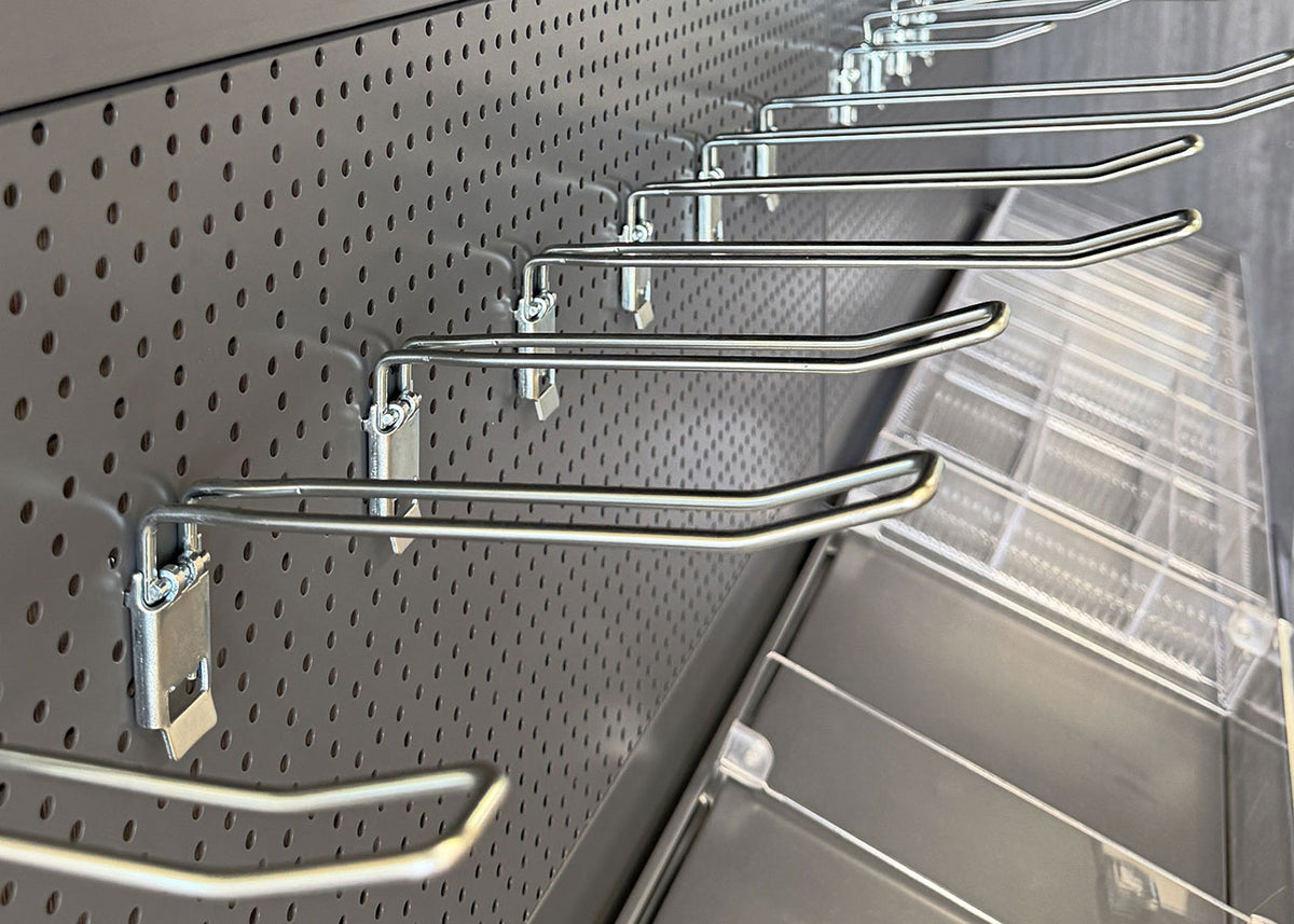 Peg hooks displayed in K50 perforated back panels