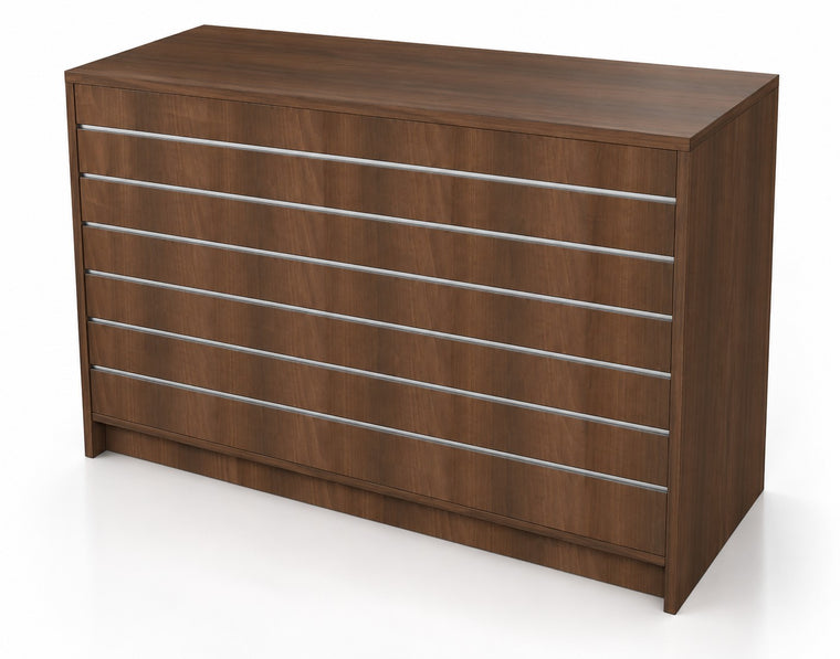 Slatwall fronted shop counter in walnut 1200mm long