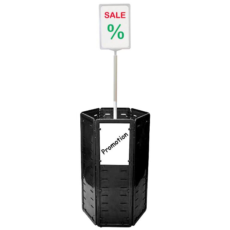 Black hexagonal dump bin with sign holder