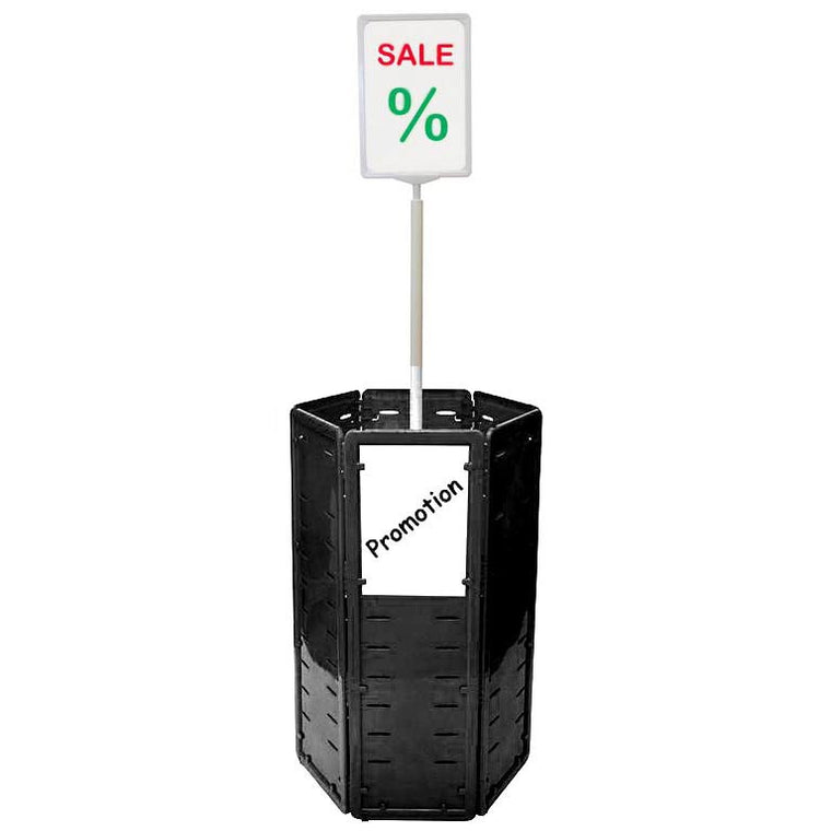 Black hexagonal dump bin with sign holder
