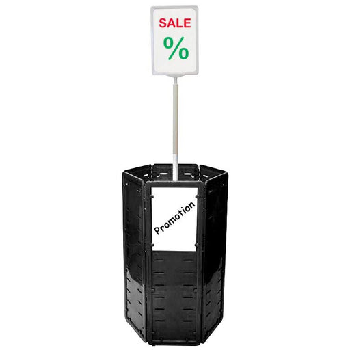 Black hexagonal dump bin with sign holder
