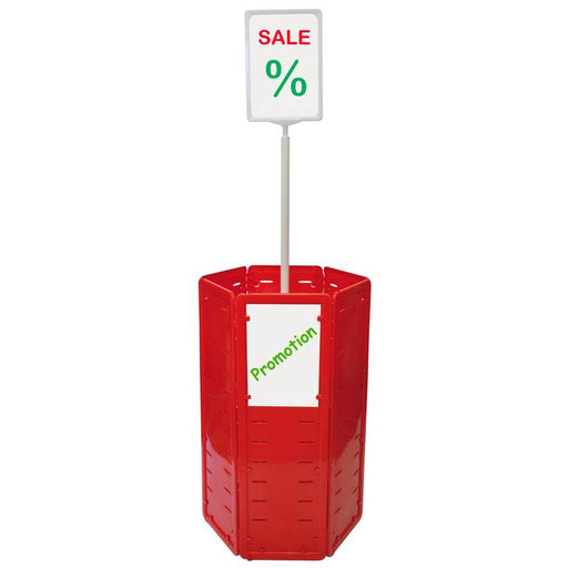 Red hexagonal dump bin with sign holder