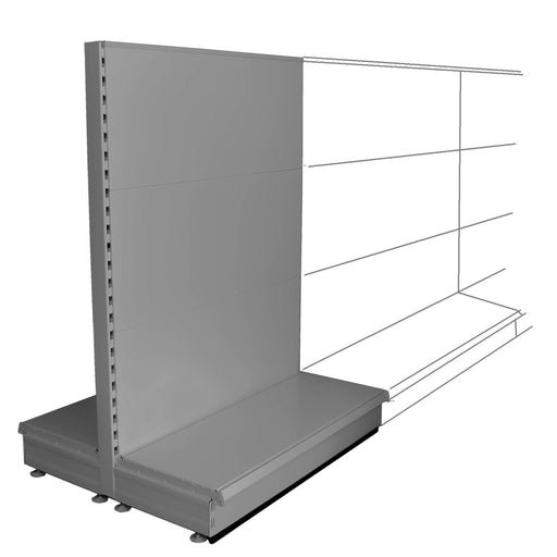 K50 low height shelving gondola bay in silver grey, 47cm deep base shelves.