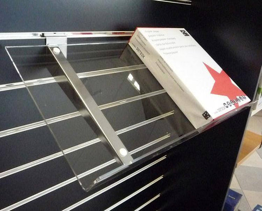 Sloping Acrylic shelves on metal brackets