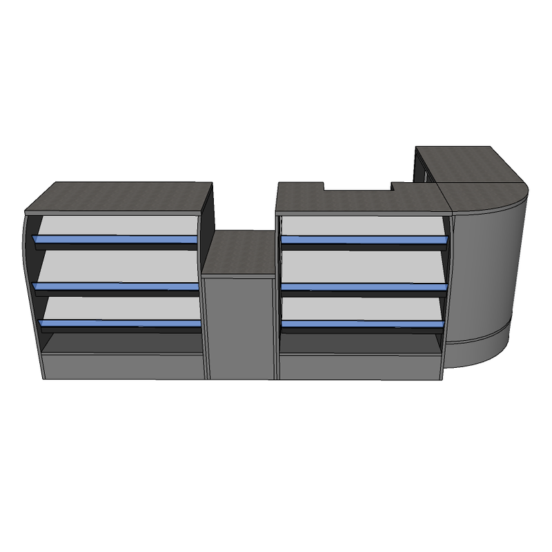 L-Shape Convenience Counter with 1x Basket Well, 2x Shelves, 1x Tobacco Cupboard