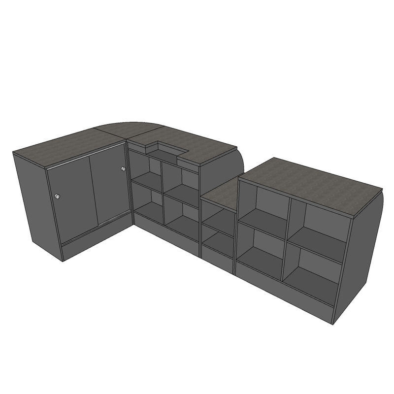 L-Shape Convenience Counter with 1x Basket Well, 2x Shelves, 1x Tobacco Cupboard