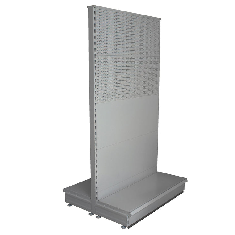 Tall silver gondola bay with mixed peg and plain back panels