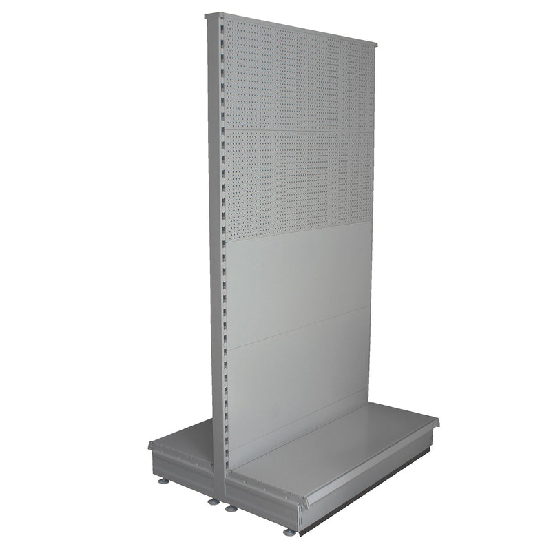 Tall silver gondola bay with mixed peg and plain back panels